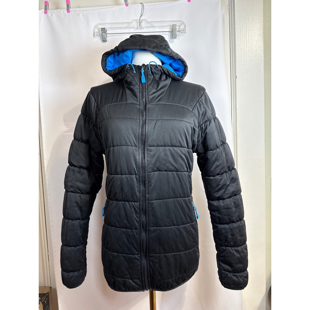 REI Co-op Womens Black Insulated Puffer Jacket Hooded Blue Lining Size Medium
